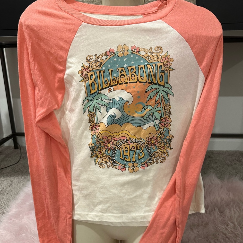 Billabong Coral and White Raglan Long Sleeve Tee with Retro Surf Graphic